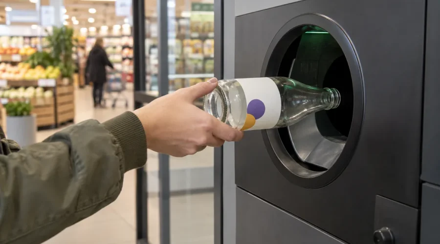Main rapportant une bouteille en verre consignée dans une borne de supermarché