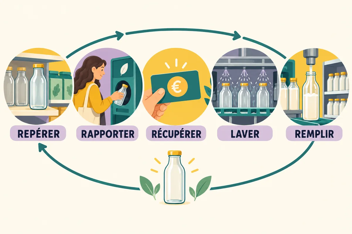 Parcours d’une bouteille consignée entre le rayon, la borne, le lavage et le remplissage